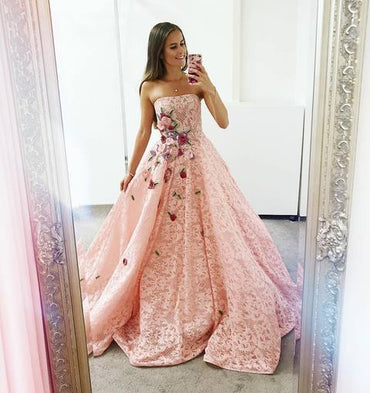 Strapless Pink Lace Long Ball Gown with Floral Embroidery Prom Dresses, QB0602
