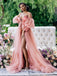 Pink Deep V-neck Criss Cross Lace-up Bubble Sleeves Tulle Slits A-line Evening Gowns Prom Dresses , QBP017