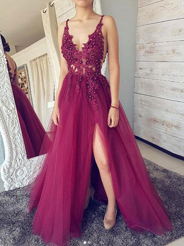 Grape Tulle Sexy Backless V Neck See Through Long Evening Prom Dresses, QB0392