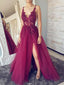 Grape Tulle Sexy Backless V Neck See Through Long Evening Prom Dresses, QB0392