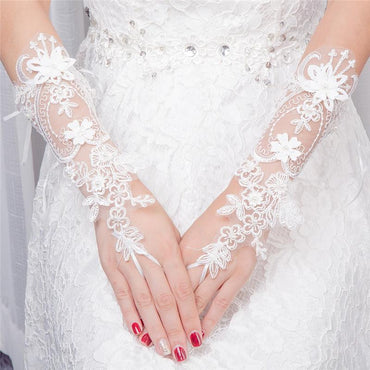 Light Ivory Beaded Wedding Gloves, Bridal Lace Gloves, Floral Lace Appliques Gloves, TYP0572