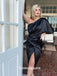 Chic One Shoulder Black Soft Satin Slits Pleats Short Prom Dresses Party Gowns, WGP211