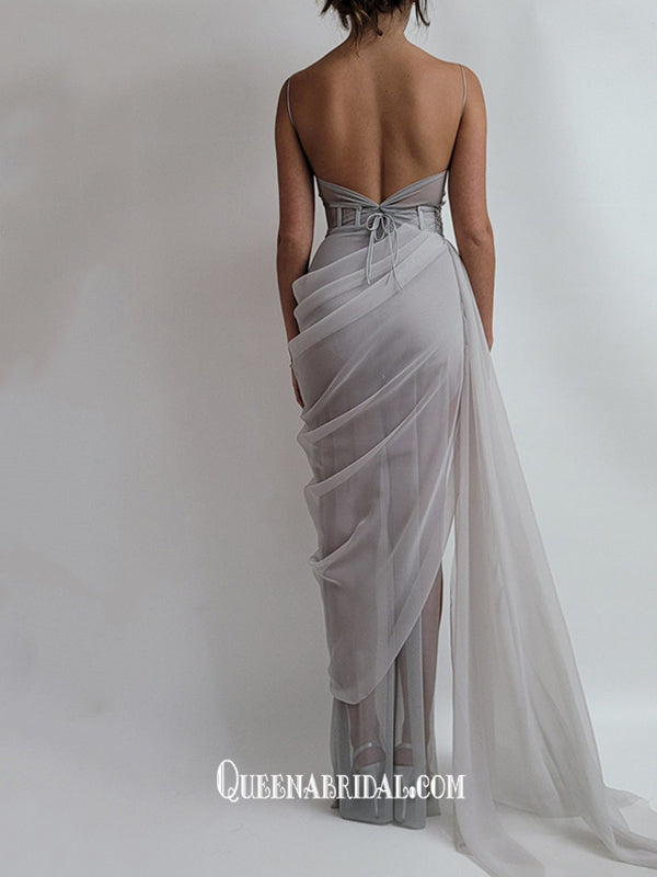 Organza Spaghetti Strap Pleats Rhinestones Sexy Slits Long Party Gowns Prom Dresses, WGP218
