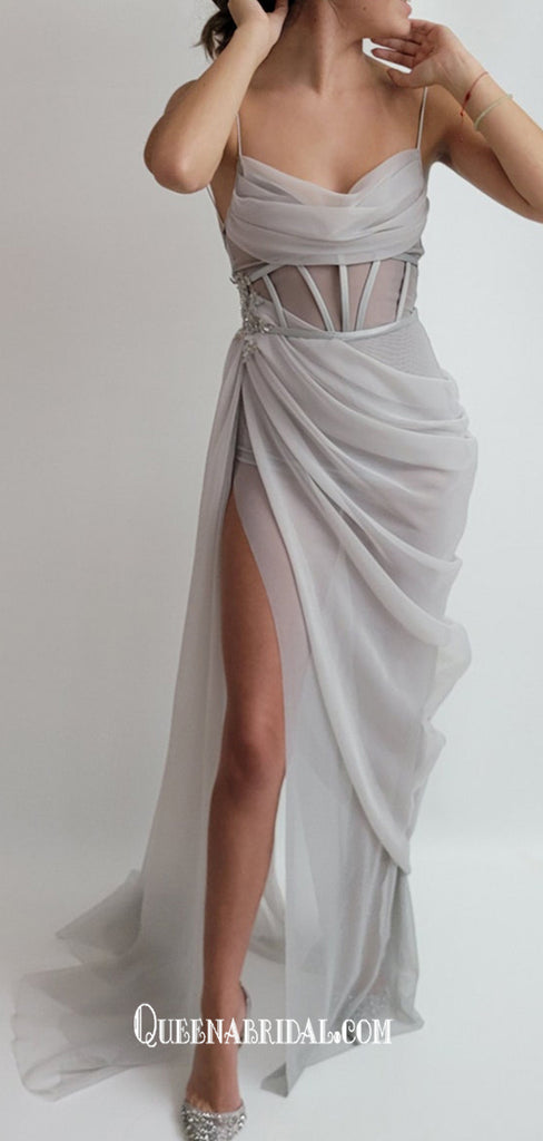 Organza Spaghetti Strap Pleats Rhinestones Sexy Slits Long Party Gowns Prom Dresses, WGP218