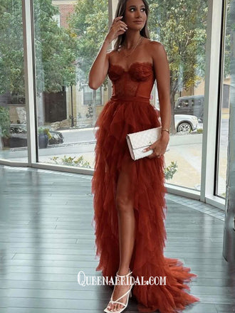 Sexy Rust Red Strapless Bustier High Low Prom Dress with Ruffled Tulle Skirt, WGP224