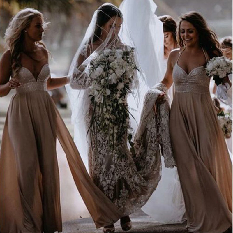 Generous Halter Sleeveless Pink Bridesmaid Dresses with Sequins, QB0641