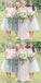 A-Line Round Neck Cap Sleeves Light Grey Tulle Short Cheap Bridesmaid Dresses with Lace, QB0034