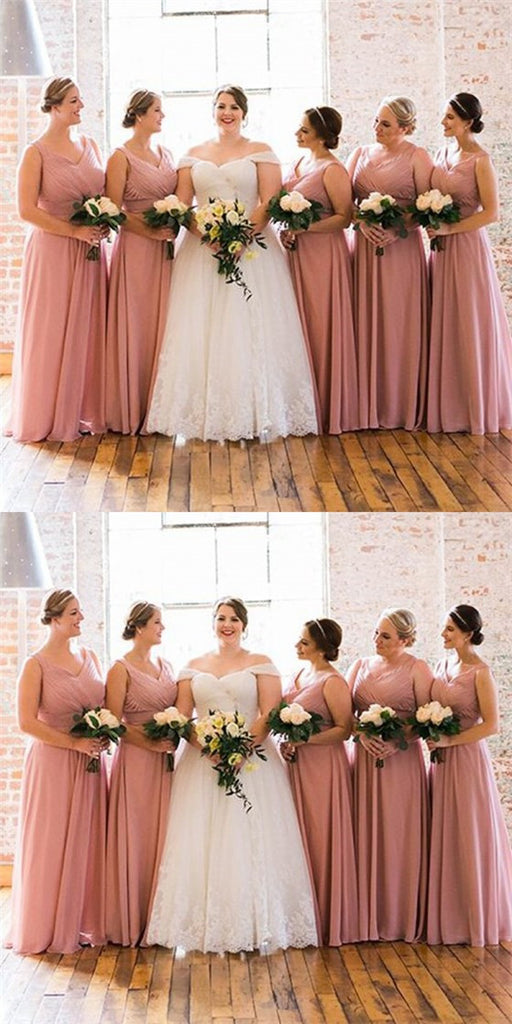 Sexy V-Neck Long Cheap Blush Pink Chiffon Bridesmaid Dresses Online, QB0121