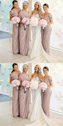 Sheath V-Neck Long Pleated Blush Pink Satin Cheap Bridesmaid Dresses Online, QB0009