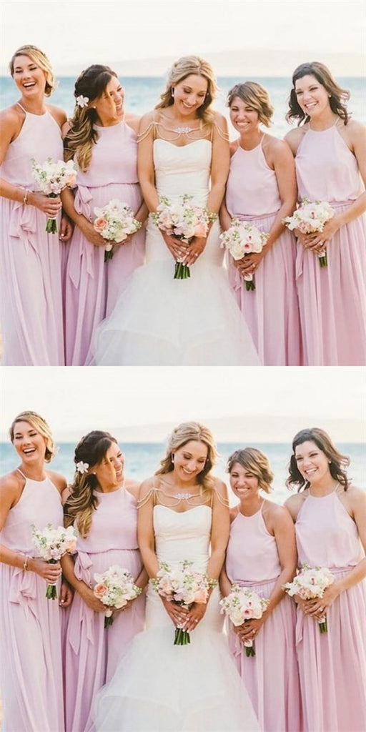 Pretty Round Neck Long Cheap Lilac Chiffon Bridesmaid Dresses with Bow Knot, QB0129