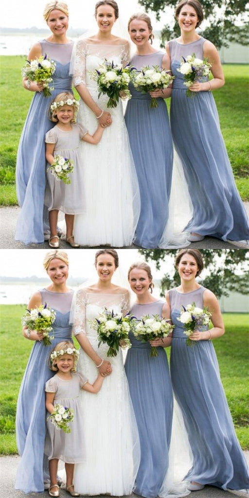 Light Blue Round Neck Chiffon Long Cheap Bridesmaid Dresses Online, QB0111