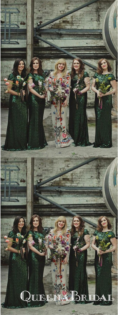Mermaid Bateau Long Cheap Green Sequin Bridesmaid Dresses, QB0749