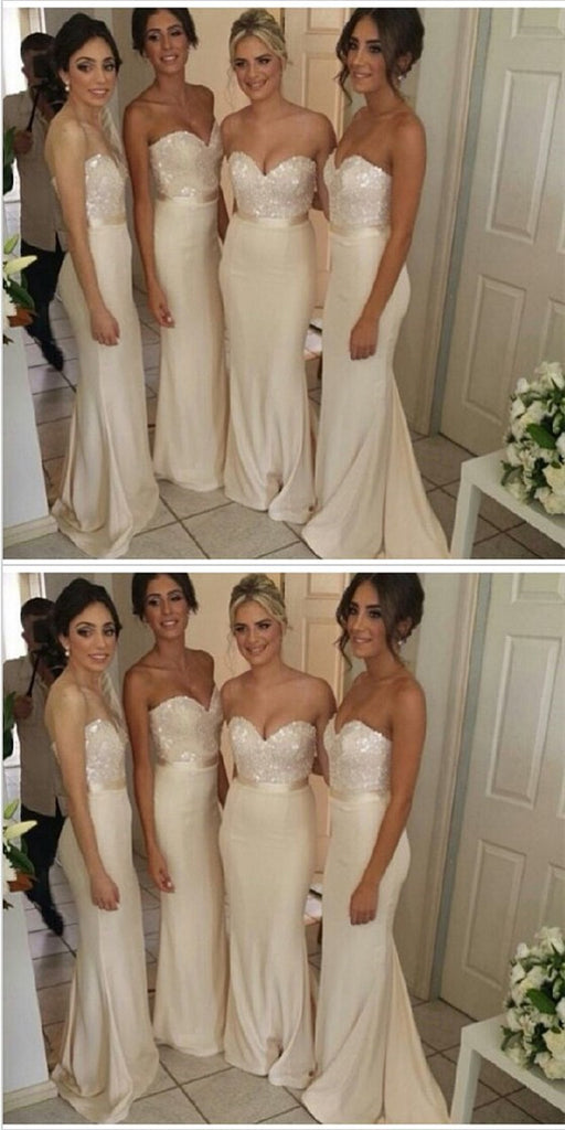 Elegant Mermaid Sweetheart Long Cheap Satin Bridesmaid Dresses with Sequin, QB0140