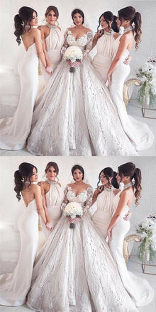 Sexy Mermaid Halter Backless Long Cheap Ivory Bridesmaid Dresses with Beading, QB0123