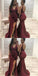 Mermaid V-Neck Split Front Backless Burgundy Bridesmaid Dresses with Ruffles, QB0025
