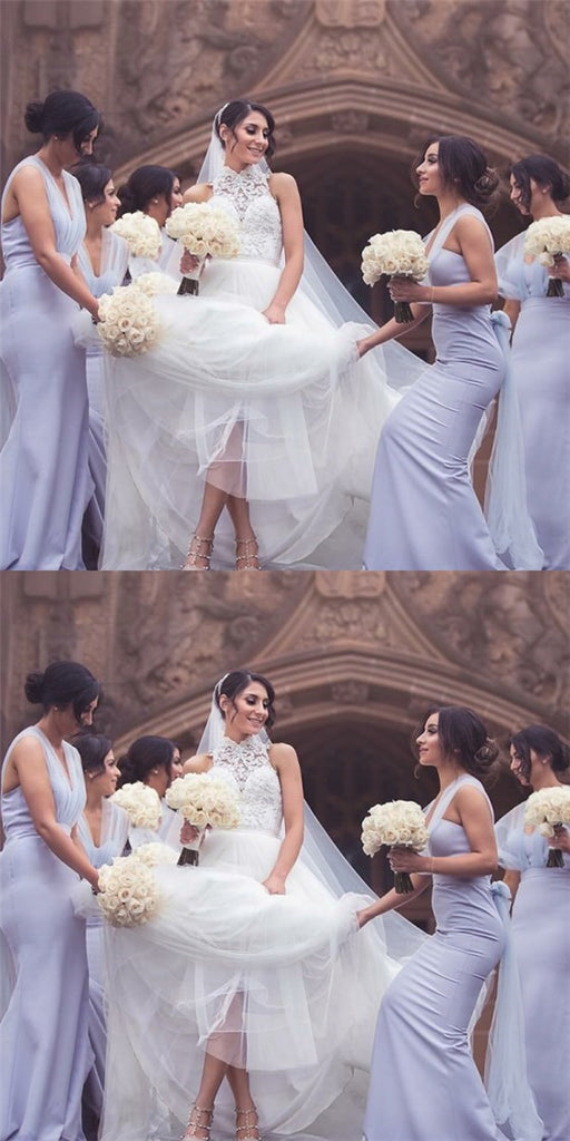 Mermaid Deep V-Neck Long Cheap Lavender Bridesmaid Dresses with Bow, QB0031