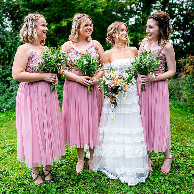 Spaghetti Strap Pink Tulle A-line Tea-Length Cheap Bridesmaid Dresses, BDS0130