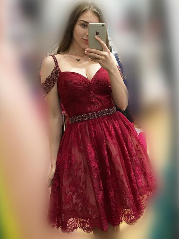 Off Shoulder Cute Short Dark Red Homecoming Dress-Vintage Gothic Lace Halloween Dress, CM476