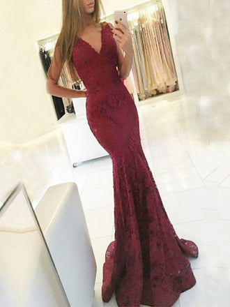 Mermaid V-Neck Floor-Length Sleeveless Burgundy Lace Prom Dresses, QB0248