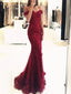 Mermaid Off the Shoulder Burgundy Tulle Prom Dresses with Appliques Beading, QB0231