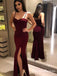 Burgundy Spaghetti Strap Side Slit Mermaid Evening Dresses Prom Dresses, QB0717