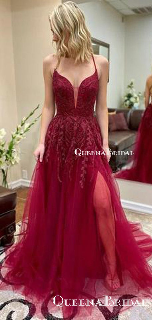 Sexy Red Tulle Side Slit A-line Prom Dress with Lace Appliques , PDS0052