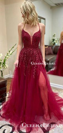 Sexy Red Tulle Side Slit A-line Prom Dress with Lace Appliques , PDS0052