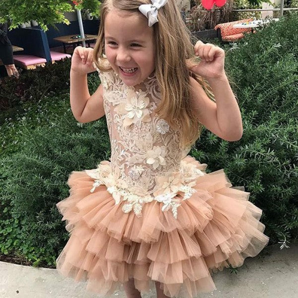 Cute Jewel Tiered Flower Girl Dresses with Lace Appliques, QB0092