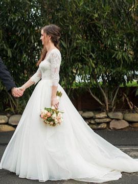 Long Sleeves Organza A-line Wedding Dresses Online, Cheap Simple Bridal Dresses, QB0382