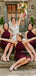 Simple Charming Halter Burgundy Satin A-line Long Cheap Tea-Length Bridesmaid Dresses, BDS0035