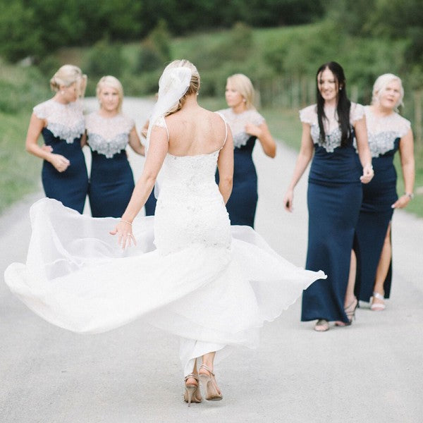 Mermaid Round Neck Lace Applique Cap Sleeves Dark Blue Bridesmaid Dresses Online, QB0038