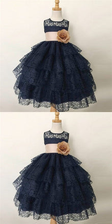 Cute Ball Gown Jewel Navy Blue Lace Flower Girl Dresses with Handmade Flowers, QB0222