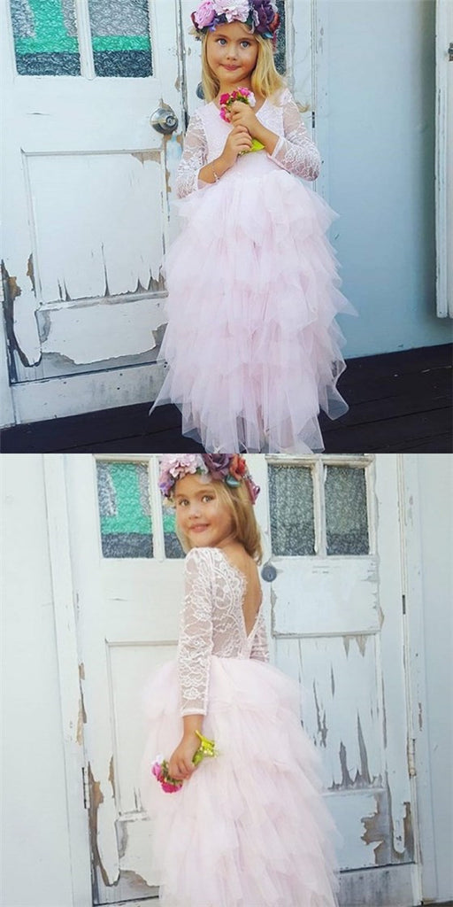 Cute Round Neck Backless Asymmetry Blush Pink Flower Girl Dresses with Lace, QB0088