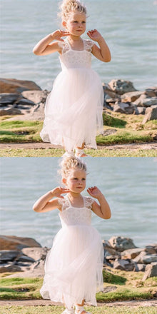 Cute Square Neck Ankle-Length White Flower Girl Dresses with Lace, QB0225