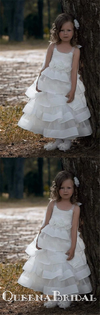 Cute Square Sleeveless Long Cheap Flower Girl Dresses With Handmade Flowers, QB0830