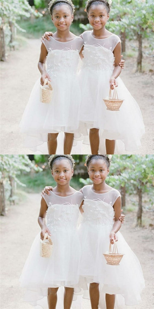 A-Line Round Neck High Low White Tulle Cheap Flower Girl Dresses with Appliques, QB0084