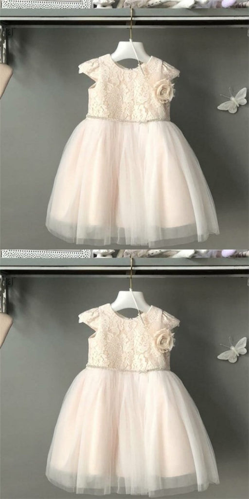 Cute Round Neck Blush Pink Flower Girl Dresses with Lace And Handmade Flower, QB0090