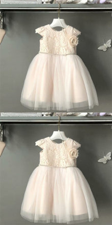 Cute Round Neck Blush Pink Flower Girl Dresses with Lace And Handmade Flower, QB0090