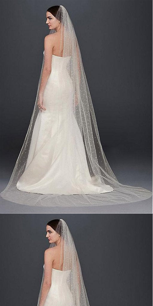 Shining Tulle Long Wedding Veil With Beadings,WV0121