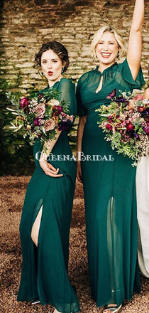 Newest High Neck Short Sleeve Green Chiffon Side Slit Long Bridesmaid Dresses, BDS0110