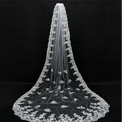 Gorgeous Tulle Long Wedding Veil With Lace Appliques,WV0129