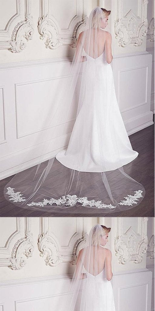 Romantic Tulle Long Wedding Veil With Lace Appliques, WV0112