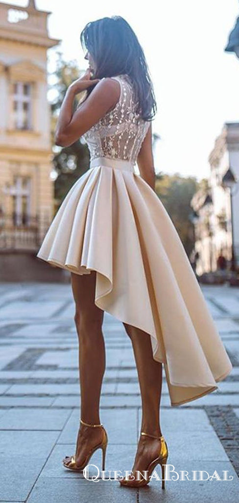 High Low V-neck Cheap Champagne Homecoming Dresses With Appliques, QB0893