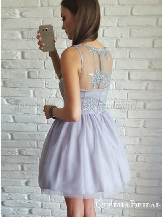 A-line Scoop Neck Tulle Short/Mini Appliques Lace Homecoming Dresses, QB0837
