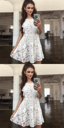 A-Line Round Neck Open Back White Lace Short Cheap Homecoming Dresses, QB0059