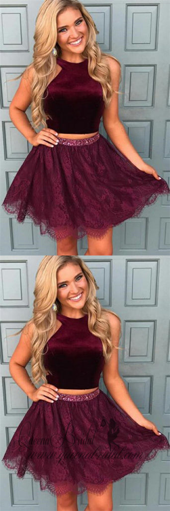 Halter Two Piece Red Lace Cheap Homecoming Dresses 2025 , CM413