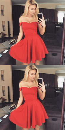 Sexy Off-Shoulder Short Cheap Red Satin Homecoming Dresses, QB0182