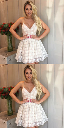 Sexy V-neck Spaghetti Straps Short White Lace Homecoming Dresses, QB0056