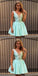Sexy V-Neck Short Cheap Mint Satin Homecoming Dresses with Appliques, QB0197