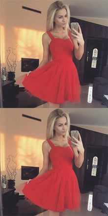 Simple Spaghetti Straps Short Cheap Red Tulle Homecoming Dresses, QB0198